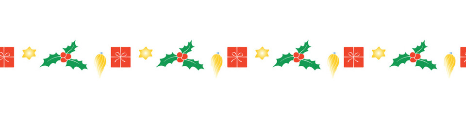 Edging, ribbon, border of colorful festive Christmas symbols in flat style. Vector seamless pattern, ornament, decorative element, decoration for New Year, xmas design