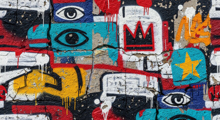 Obraz premium A cracked wall is covered in colorful graffiti art with eyes a crown stars and dripping paint