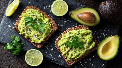 Delicious avocado toast with lime and parsley on dark stone, perfect for healthy breakfast or brunch inspiration