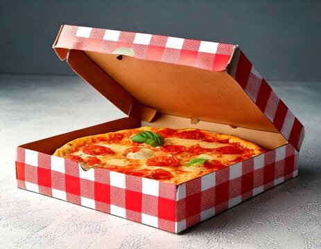 Fresh Margherita pizza with tomatoes and basil sits ready to enjoy in a red and white checke.jpg