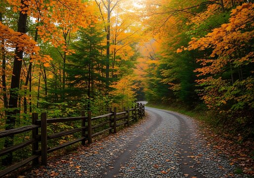 A winding gravel road through a forest in autumn, with vibrant orange and yellow leaves falling and a rustic wooden fence