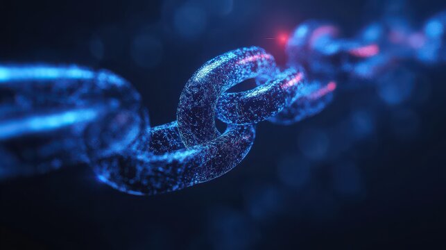 A close up shot of a blue chain with red highlights against a dark blurred background image view