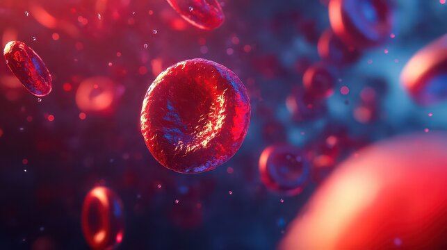 A close up view of many red blood cells floating with a blue and red colored background in the image