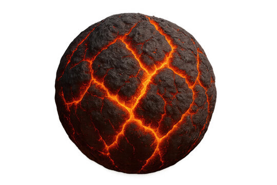 Volcanic planet core displaying hot magma glowing through cracks in dark rock surface, transparent background