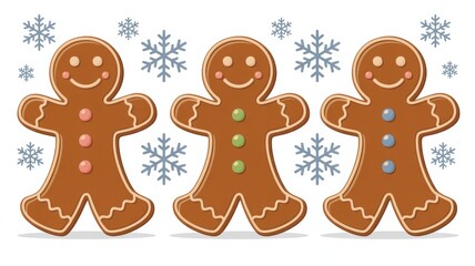 Fototapeta premium Festive gingerbread men with colorful candy buttons surrounded by snowflakes, perfect for winter holiday promotions and sweet treat designs