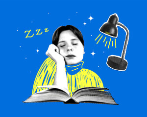Student sleeps over a book. Concepts of knowledge and education. Fatigue and burnout during studies. Woman exhausted by work. Bored student. Newspaper halftone collage
