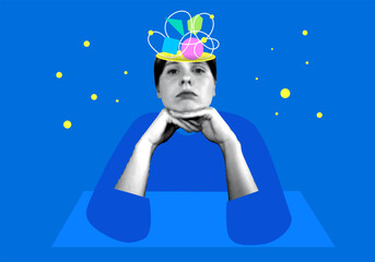 Contemplation. Geometric shapes inside a woman's head. Sad woman reflects. Psychological disorders, problems. Emotional burnout. Mental health, depression. Newspaper halftone collage