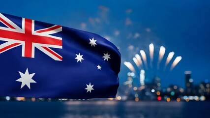 Australian flag waving with festive fireworks. Australia Day celebration over city skyline at night.