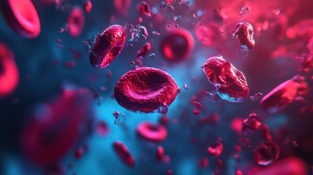 A microscopic view of red blood cells flowing in a blue liquid with a shallow depth of field effect