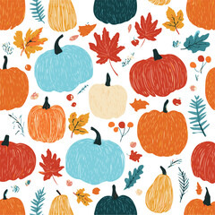 Artistic colorful pumpkin seamless pattern. Vector illustration for fall, Thanksgiving, Halloween background. Modern autumn harvest design.