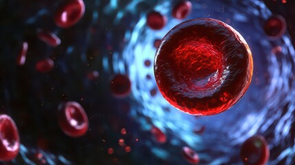 A close up view of red blood cells flowing through a vein with a blue background and other cells
