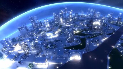 Futuristic city at night, viewed from above, enclosed by a glowing blue dome