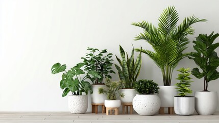Obraz premium Elevate your space with lush indoor plants in stylish pots against a clean white backdrop, creating a fresh, modern, and inviting atmosphere