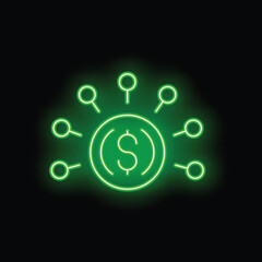 Neon green dollar coin connecting with digital network lines glowing on black background, concept for digital banking and cryptocurrency