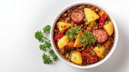 Delicious and comforting lentil stew with potatoes and chorizo ready to warm you up on a chilly day, perfect for cozy evenings