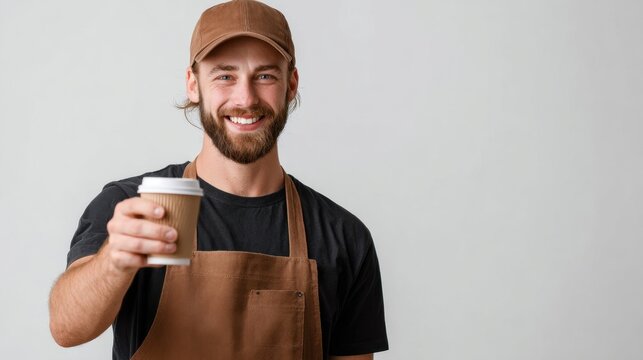 barista offering coffee — smiling young male in brown apron and cap, friendly studio portrait, clean minimal style, promoting takeaway beverage service and cafe brand - Powered by Adobe