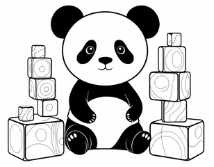Cute panda stacking toy blocks, simple black and white children’s coloring page