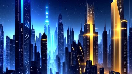 Futuristic city skyline at night, with glowing skyscrapers and vibrant colors - Powered by Adobe