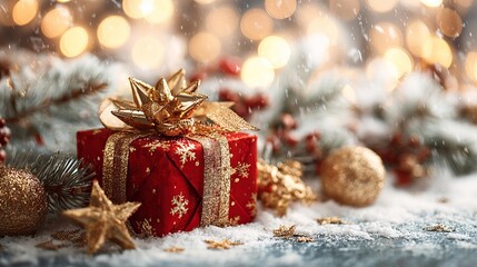 Elegant red Christmas gift with golden accents and snowy sparkle for festive holiday celebrations and warm winter wishes this season