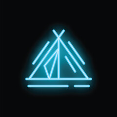 Bright blue neon sign depicting a simple camping tent, perfect for use as a logo or icon representing outdoor activities