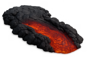Flowing molten lava river with cooled rock and heat, volcanic eruption generating energy, transparent background
