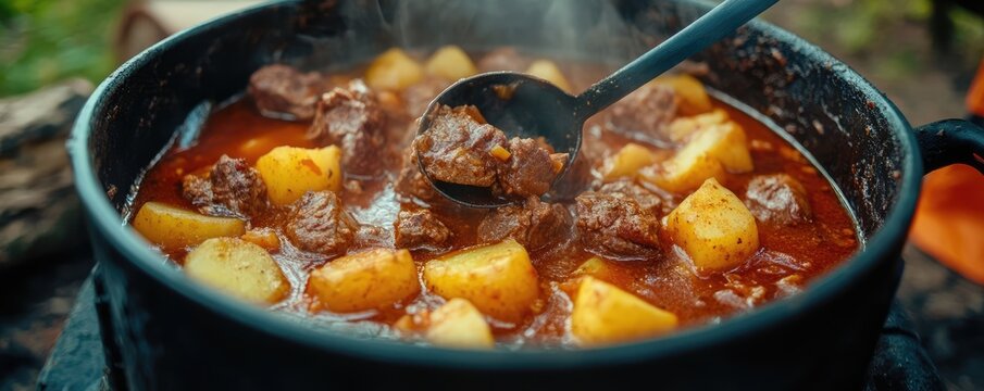 Cooking traditional goulash over open fire.