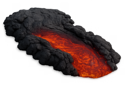 Flowing molten lava river with cooled rock and heat, volcanic eruption generating energy, transparent background