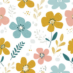 Cute floral seamless pattern in pastel colors. Vector illustration with pink, purple, and teal flowers. Spring background for fabric and wallpaper.