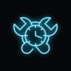 Glowing blue neon icon of clock and wrenches representing the concept of time management