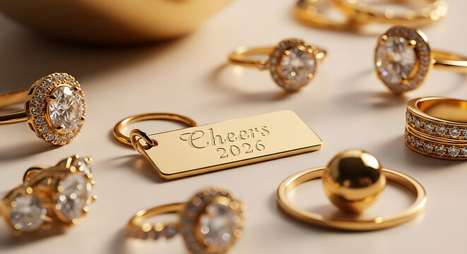 Luxurious studio shot of gold engagement-style rings and a commemorative "Cheers 2026" charm, capturing wealth, celebration, and future promises.