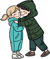 Illustration of a Little Girls Hugging Each Other in Winter Clothing