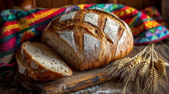 Freshly baked sourdough bread loaf with rustic charm and golden crust perfect for artisanal bakery or food blog promotion