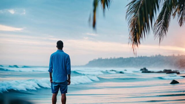 Solitary man watches sunrise over tropic surf, reflective morning that sells healing travel, digital detox, and life reset storytelling.