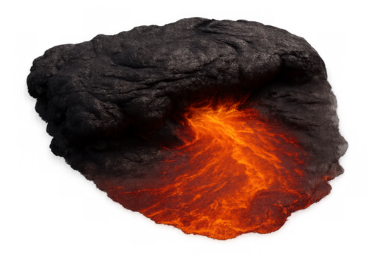 Molten lava flowing from dark igneous rock creating a hot, glowing stream, isolated with transparent background