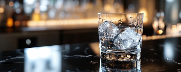 Elegant glass with ice on bar counter.
