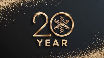 Golden twenty year anniversary symbol with snowflake and confetti on black background