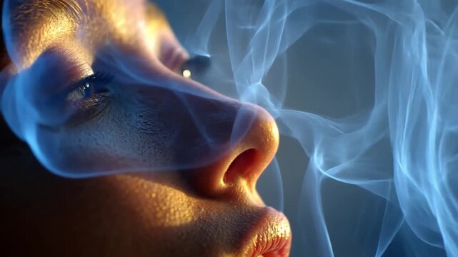 Ephemeral Breath: A close-up shot of a human exhaling, enveloped by swirling, ethereal smoke, creates a dreamlike, thought-provoking image.