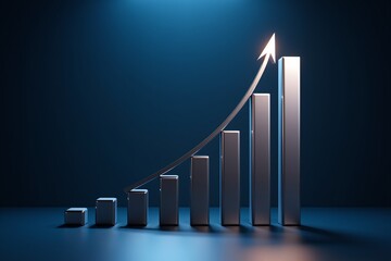 Glowing upward arrow overlays rising bars, symbolizing growth and success in a dark blue futuristic financial chart.