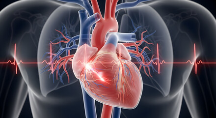 Human Heart Illustration with Ecg Trace on Body Silhouette