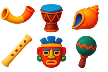 Fototapeta premium Ancient Ceremony Icons. 3D icon set of ancient ceremonies: horn trumpet, ritual drum, conch shell, bone flute, ceremonial mask,