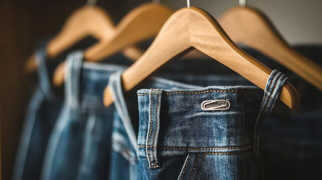 Close up of denim jeans hanging on wooden hangers inside a closet wardrobe or a retail store