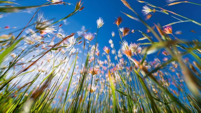 Tall meadow stalks shoot toward the lens while soft clouds drift behindan energizing, upward nature angle that suggests growth, freedom and health for eco campaigns, fitness, mindfulness and outdoor 
