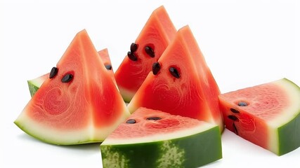 A vibrant close-up captures multiple fresh watermelon slices, showcasing their bright red and pink flesh, distinct black seeds, and crisp green and white rinds, artfully arranged on a clean white back