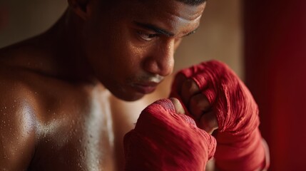 boxing training gym fighter in intense focus, close-up portrait with red hand wraps, sweat and determination, low-key style for fitness motivation, combat sports branding, strength and discipline