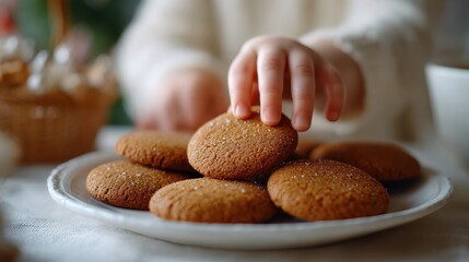 Child hand reaching for cookies on plate in kitchen — tender moment, lifestyle food photography showcasing homemade dessert and family snack time for parenting, cooking tips, and holiday baking