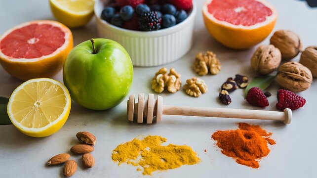 Healthy food arrangement featuring fruit nuts and spices vibrant and colorful