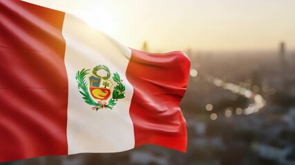 Moving peru flag with national coat of arms over shimmering city lights at sunset. Patriotic symbol.