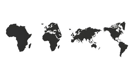 Naklejka premium World map of continents, countries, and global travel, showing Europe, Asia, and the Americas on black or white background vector illustration