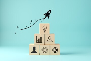 Stacked wooden blocks symbolize growth, innovation and success. Rocket above signifies upward momentum in business or startup journey.