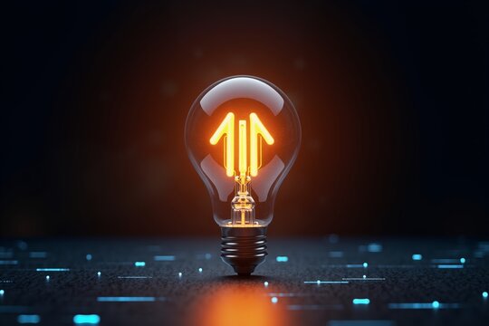 glowing light bulb with upward arrows, symbolizing innovation and progress against dark background. futuristic tech vibe.